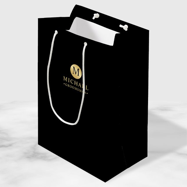 Masculine Black and Gold Personalized Groomsmen Medium Gift Bag (Creator Uploaded)