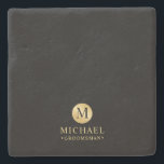 Masculine Black and Gold Personalized Groomsmen Stone Coaster<br><div class="desc">Add a personal touch to your wedding with personalized groomsmen stone coaster. This coaster features black monogram in gold circle element with name and title in gold professional font style on black background. Also perfect for best man, father of the bride, ring bearer and more. Please Note : The foil...</div>