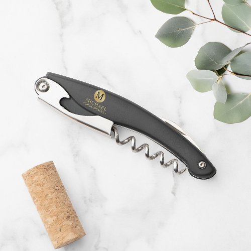 Masculine Black and Gold Personalized Groomsmen Waiters Corkscrew