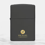 Masculine Black and Gold Personalized Groomsmen Zippo Lighter<br><div class="desc">Add a personal touch to your wedding with personalized groomsmen lighter. This lighter features black monogram in gold circle element with name and title in gold professional font style on black background. Also perfect for best man, father of the bride and more. Please Note : The foil details are simulated...</div>