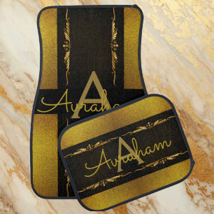 Masculine Black and Gold Pinstripe   Monogram Car Floor Mat