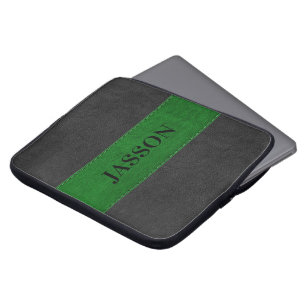 Masculine Black And Green Faux Leather Laptop Sleeve