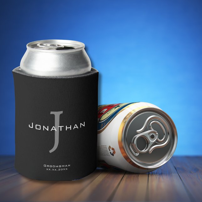Masculine Black and White  Initial + Name Monogram Can Cooler (Creator Uploaded)