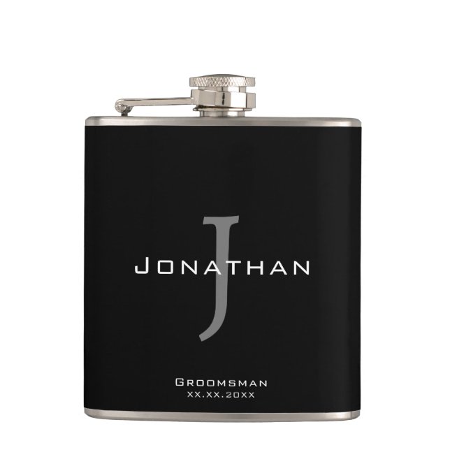 Masculine Black and White  Initial + Name Monogram Flask (Front)