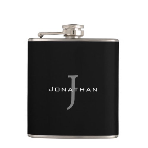 Masculine Black and White  Initial  Name Monogram Flask