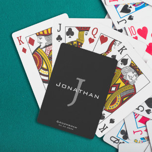 Masculine Black and White Initial + Name Monogram Poker Cards