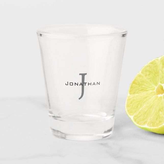 Masculine Black and White  Initial + Name Monogram Shot Glass (Front)