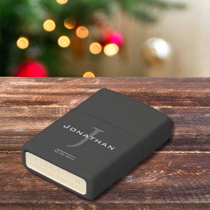 Masculine Black and White Initial + Name Monogram Zippo Lighter