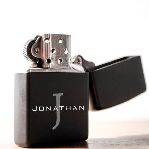 Masculine Black and White Initial + Name Monogram Zippo Lighter