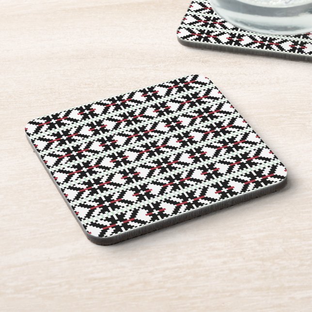 Masculine Black and white Latvian tribal folk art Beverage Coaster (Left Side)