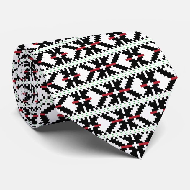 Masculine Black and white Latvian tribal folk art Neck Tie (Rolled)