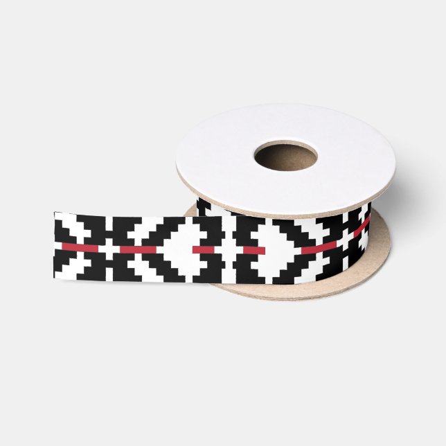 Masculine Black and white Latvian tribal folk art Satin Ribbon (Spool)