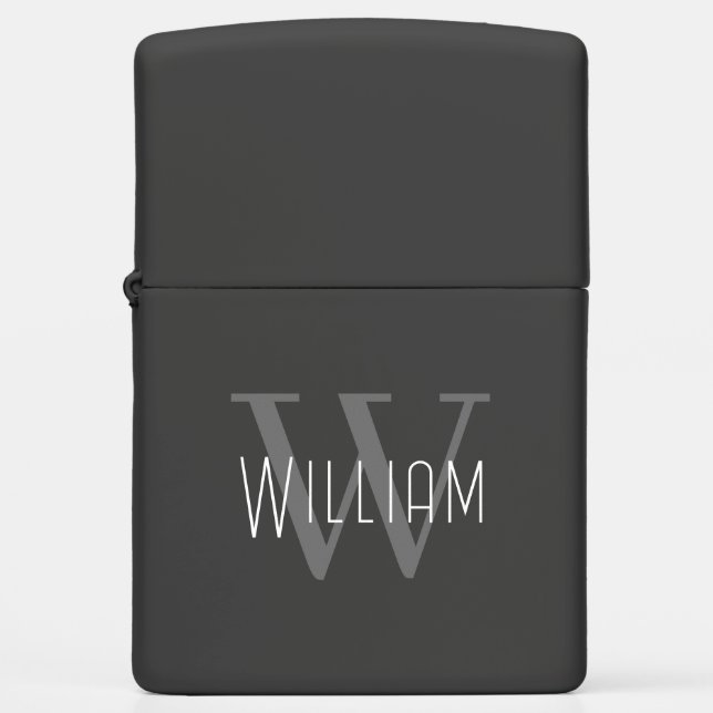 Masculine Black and White Monogram Initial + Name Zippo Lighter (Front)