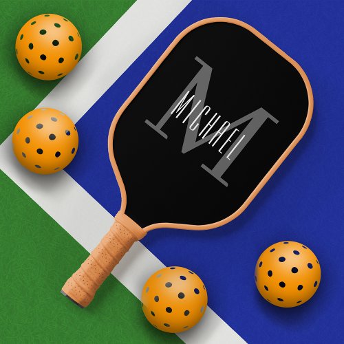 Masculine Black and White Monogram Name  Initial Pickleball Paddle