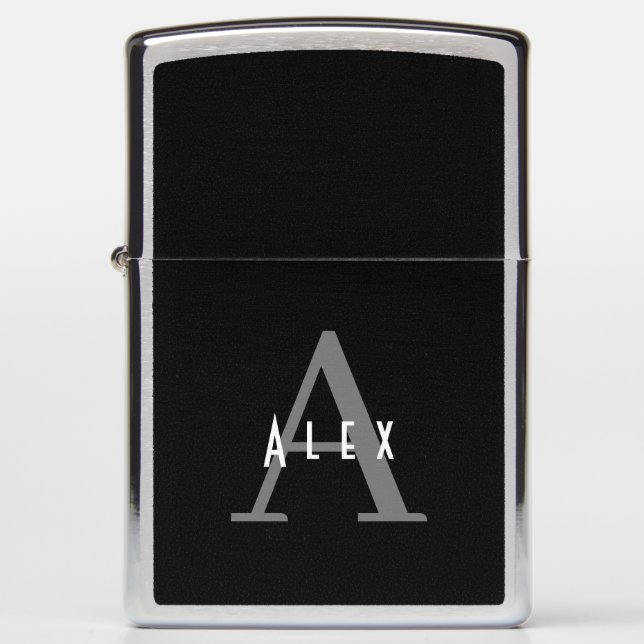 Masculine Black and White Monogram Name + Initial Zippo Lighter (Front)