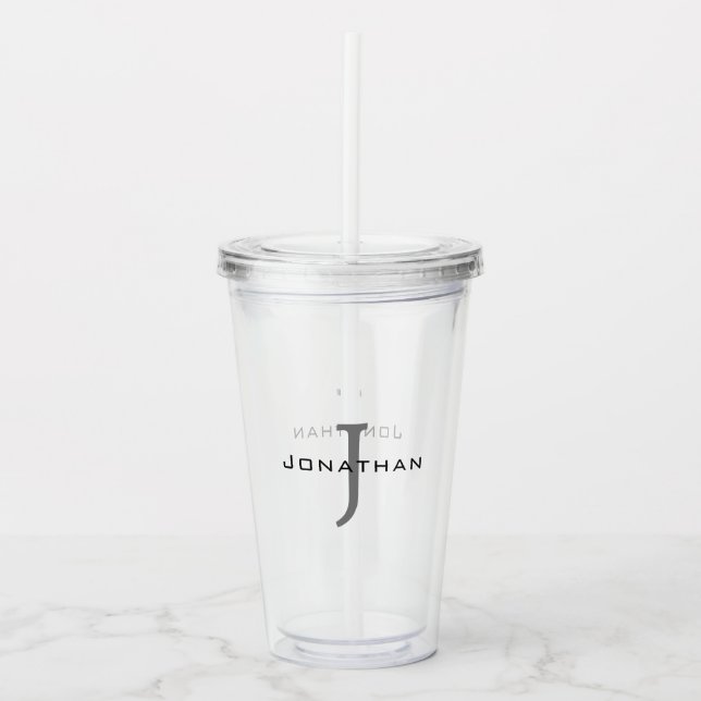 Masculine Black and White Monogrammed Acrylic Tumbler (Front)