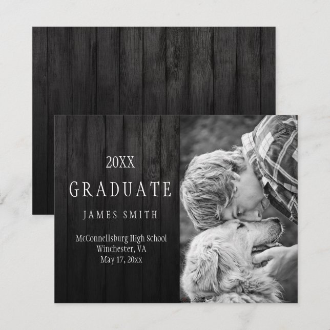 Masculine Black Barn Wood Photo Graduation Invitation (Front/Back)