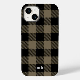 Masculine Black Brown Buffalo Plaid Name Initials Case-Mate iPhone 14 Case