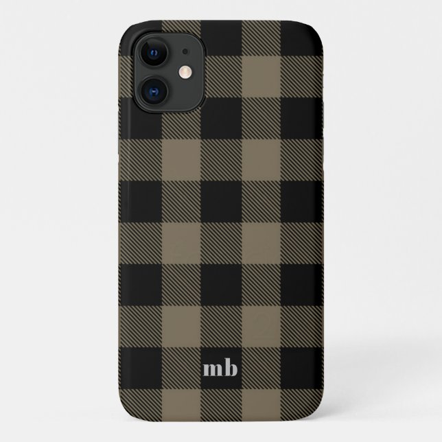 Masculine Black Brown Buffalo Plaid Name Initials Case-Mate iPhone Case (Back)