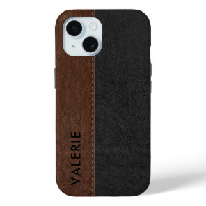 Masculine Black & Brown Vintage Faux Leather Case- iPhone 15 Case