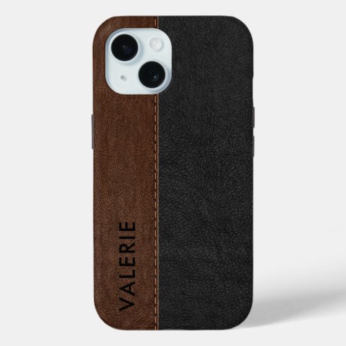 Masculine Black  Brown Vintage Faux Leather Case_ iPhone 15 Case