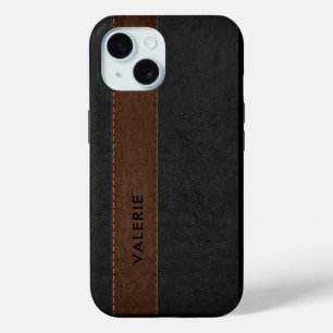 Masculine Black & Brown Vintage Faux Leather Case- iPhone 15 Case