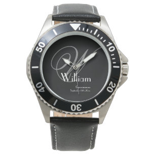 Masculine Black Face Gray White Monogram Groomsman Watch