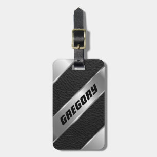 Masculine Black Faux Leather & Silver Look 4 Luggage Tag