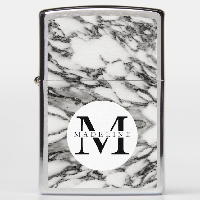 Masculine Black & Gold Marble Monogrammed Zippo Lighter (Front)