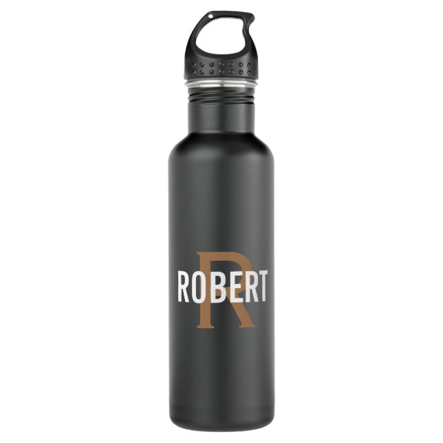 Masculine black gold monogrammed name stainless steel water bottle (Front)