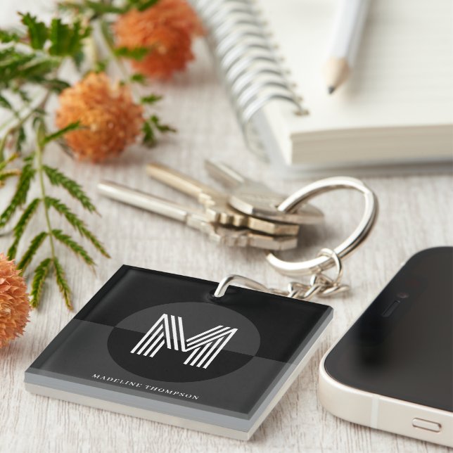 Masculine Black Gray Geometric Modern Monogram Keychain (Front Right)