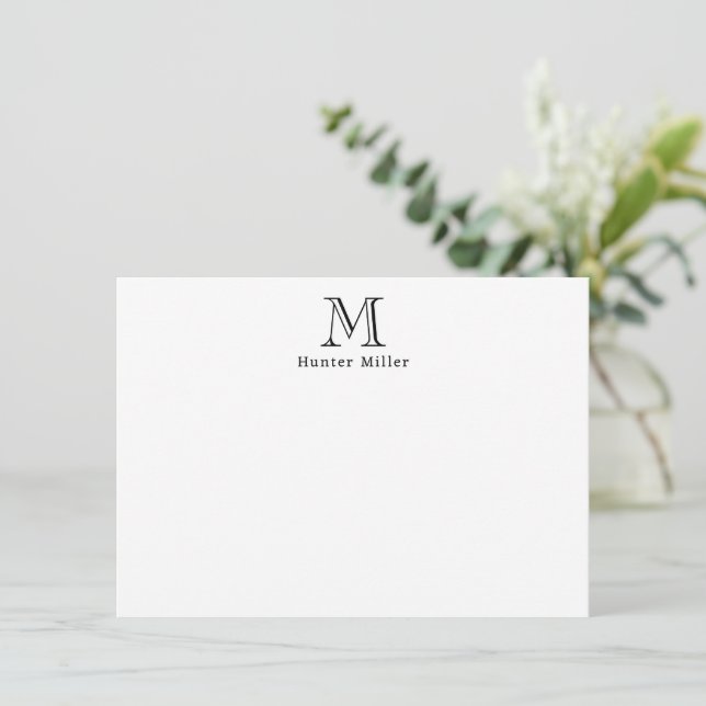 Masculine Black Initial Monogram and Name Flat Note Card (Standing Front)