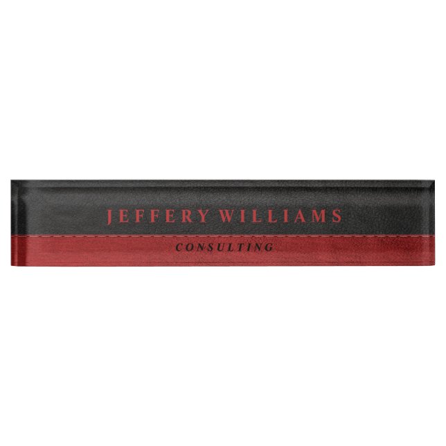 Masculine Black Leather Red Accents Desk Name Plate (Front)
