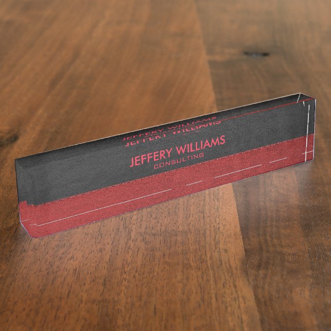 Masculine Black Leather Red Accents Desk Name Plate (Side)