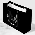 Masculine Black Personalized Groomsmen Large Gift Bag<br><div class="desc">Add a personal touch to your wedding with personalized groomsmen gift bag. This gift bag features personalized groomsman's name with title and wedding date in white and monogram in grey as background, in classic serif font style, on black background. Also perfect for best man, father of the bride, ring bearer...</div>