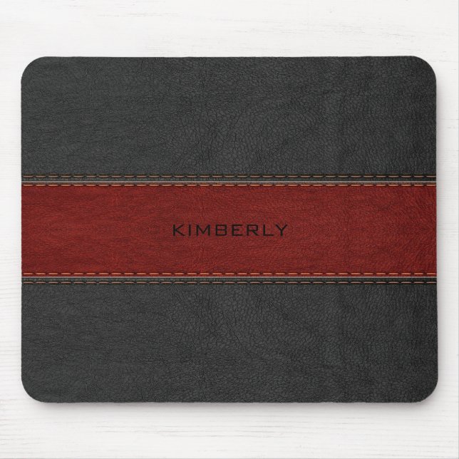 Masculine Black & Red Leather Mouse Pad (Front)