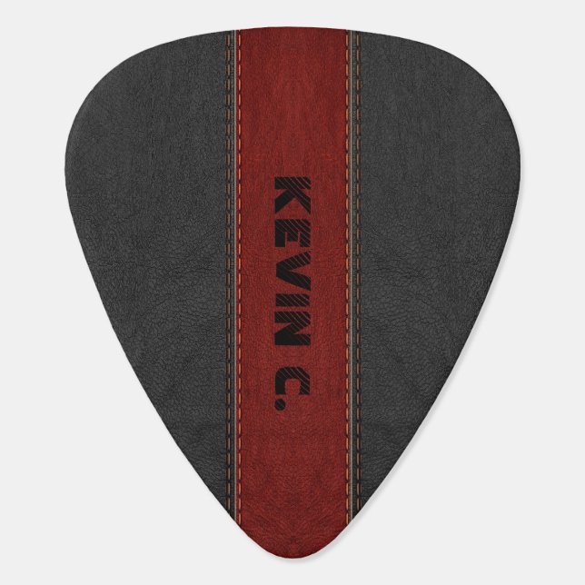 Masculine Black & Red Stitched Leather Stripes Guitar Pick (Back)