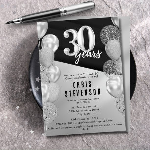 Masculine Black Silver Balloons 30th Birthday Invitation