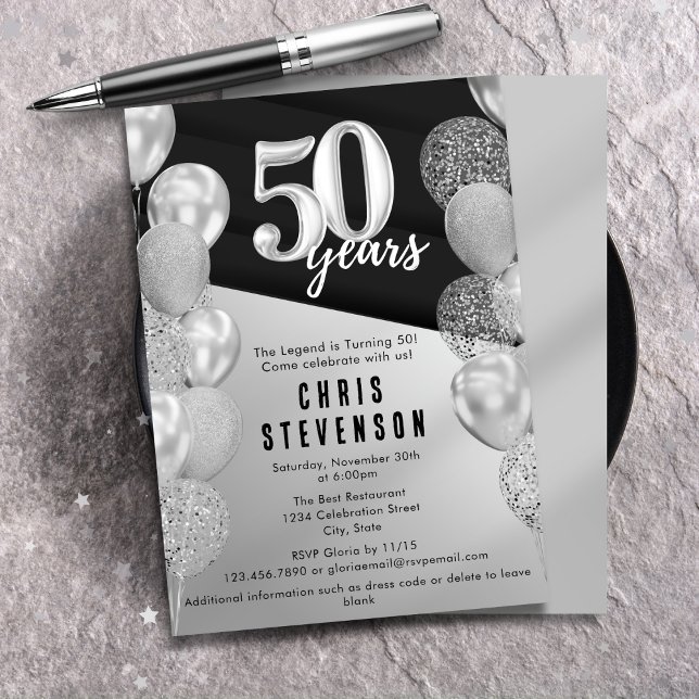 Masculine Black Silver Balloons 50th Birthday Invitation (Creator Uploaded)