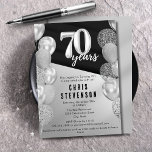 Masculine Black Silver Balloons 70th Birthday Invitation<br><div class="desc">Elegant Masculine Black Silver Balloons Personalized 70th Birthday Party Invitation - A masculine and elegant 70th birthday invitation template for him. Celebrate his birthday in a big way. Featuring a black and gray background with a silver number 70. Silver and glitter balloons frame the invitation. A humorous, funny and honoring...</div>