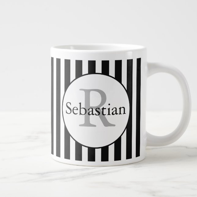 Masculine Black Striped Personalized Monogrammed Giant Coffee Mug (Right)