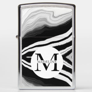 Masculine Black & White Marble Monogrammed Zippo Lighter