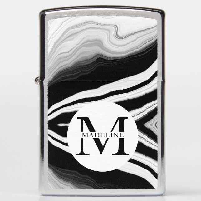 Masculine Black & White Marble Monogrammed Zippo Lighter (Front)