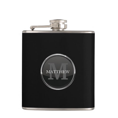 Masculine Black With Round Design Name Monogram Flask