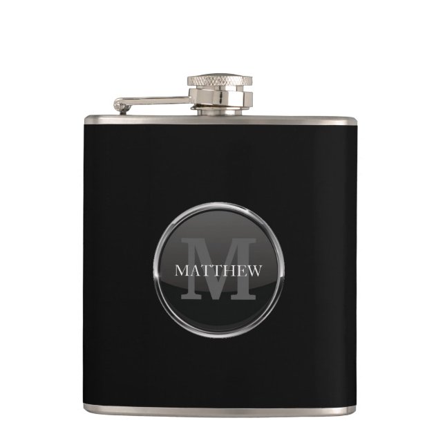Masculine Black With Round Design Name Monogram Flask (Front)