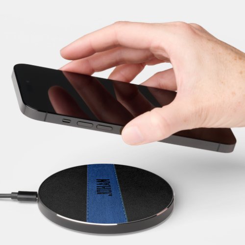 Masculine Blue  Black Stitched Leather Texture Wireless Charger