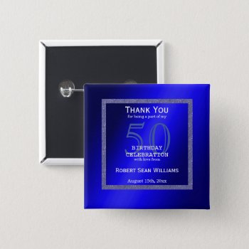 Masculine Blue & Glitter Frame 50th Birthday   Button by shm_graphics at Zazzle