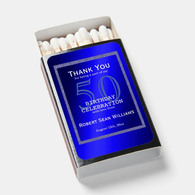 Masculine Blue & Glitter Frame 50th Birthday Matchboxes (Front Open)