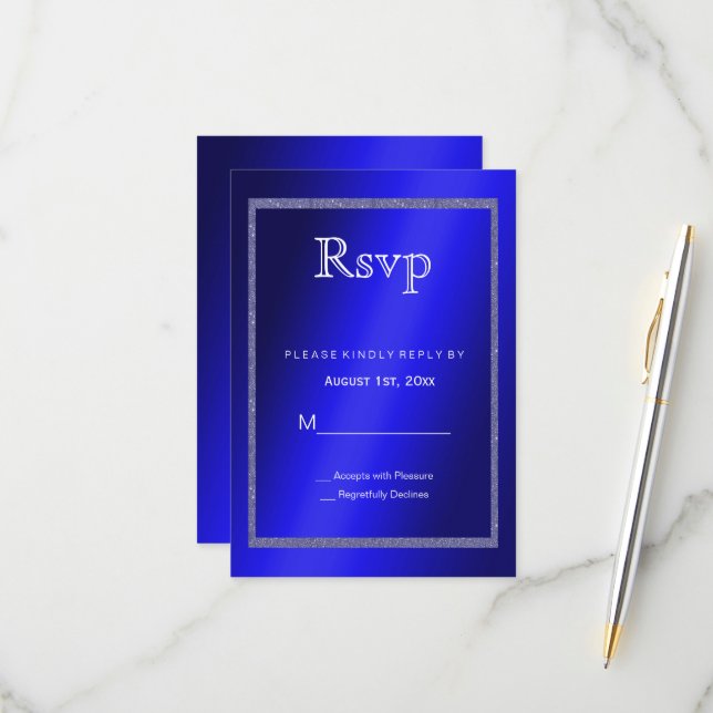 Masculine Blue & Glitter Frame 50th Birthday RSVP Card (Front/Back In Situ)