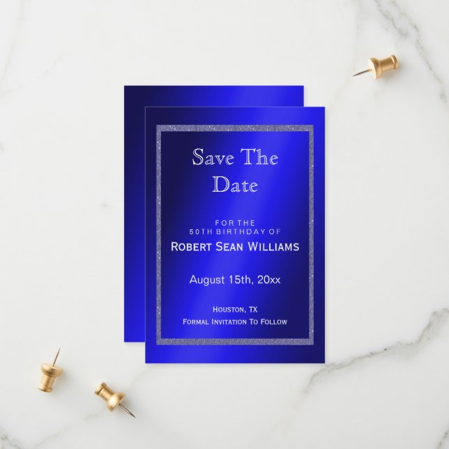 Masculine Blue & Glitter Frame 50th Birthday  Save The Date (Front/Back In Situ)